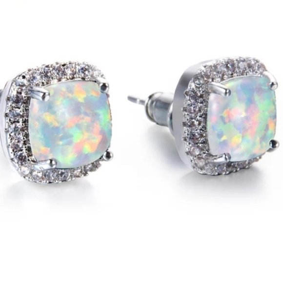 *18K White Gold White Opal Diamond Halo Earrings - Picture 6 of 6